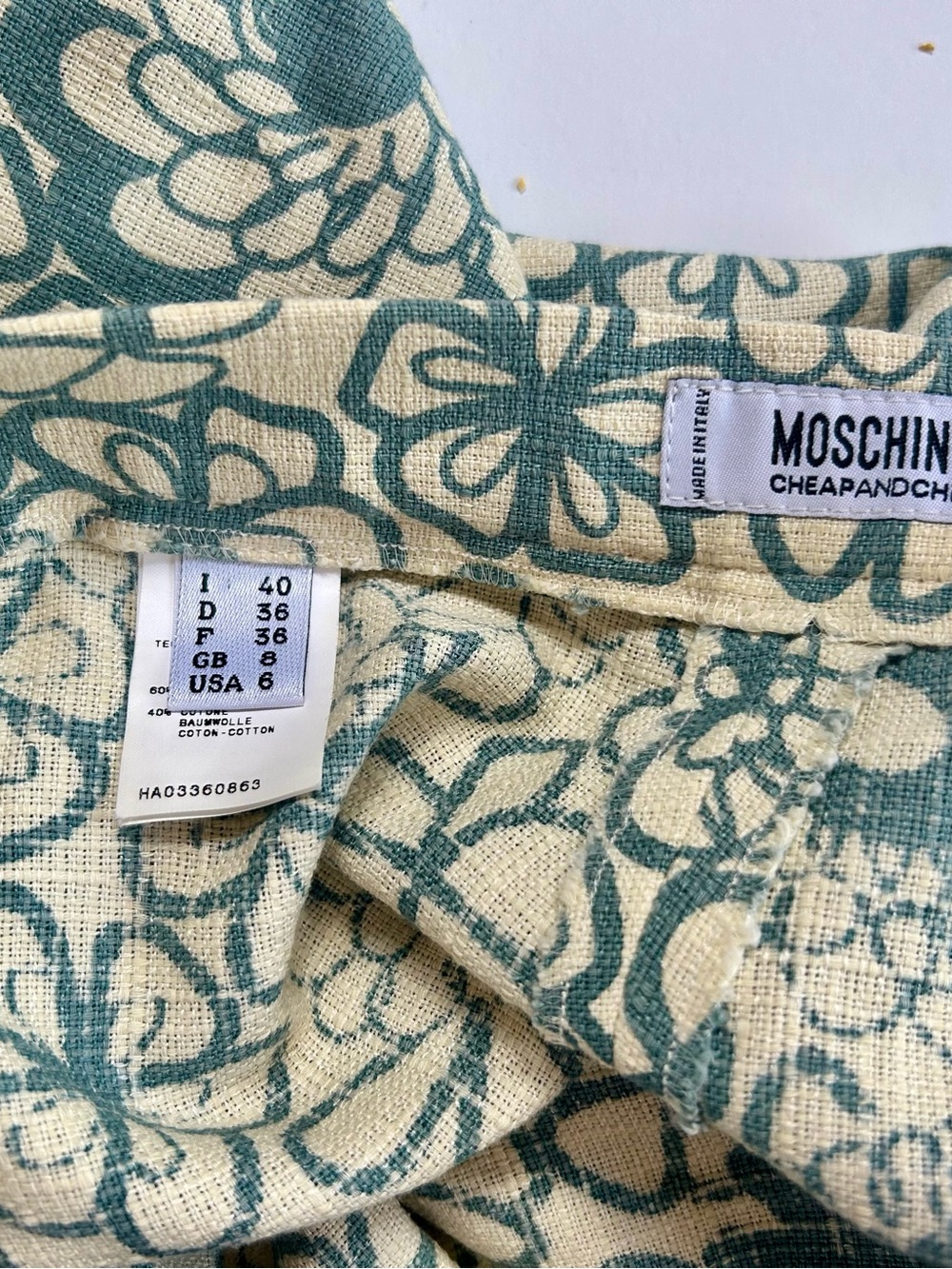 Moschino CheapandChic Cream Pants with Teal Floral Print - wide leg cuffed - Picture 4 of 8